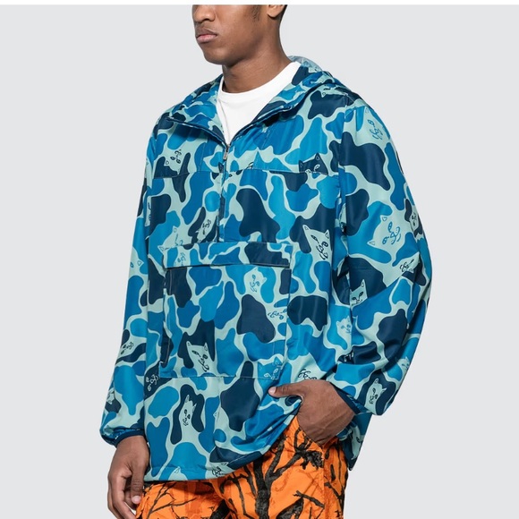RARE RIPNDIP Nerm Cat Camo Packable Anorak Hooded Windbreaker Medium Blue - Picture 1 of 8